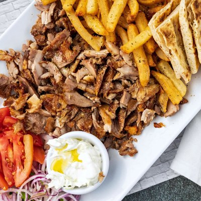 Pork gyro platter with fries