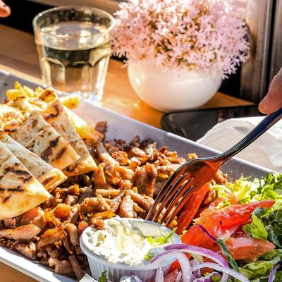 Pork gyro platter with Greek salad